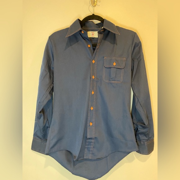 VTG 70s Navy Blue Blouse with Brown Stitching & Buttons - Picture 5 of 7